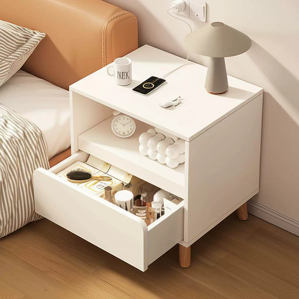 奶油风白色床头柜家用卧室带抽屉收纳柜小型实木腿床边柜储物边几