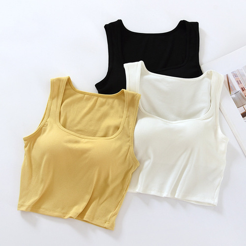 Wide shoulders, square neck, exposed navel, cup all-in-one tank top for women with padded sling, Korean version, sleeveless, beautiful back, high waist inner wear