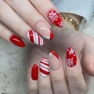 Christmas Wear Armor Almond Red White French Side Snowflake Removable Fake Nail Finished Nail Patch Nails