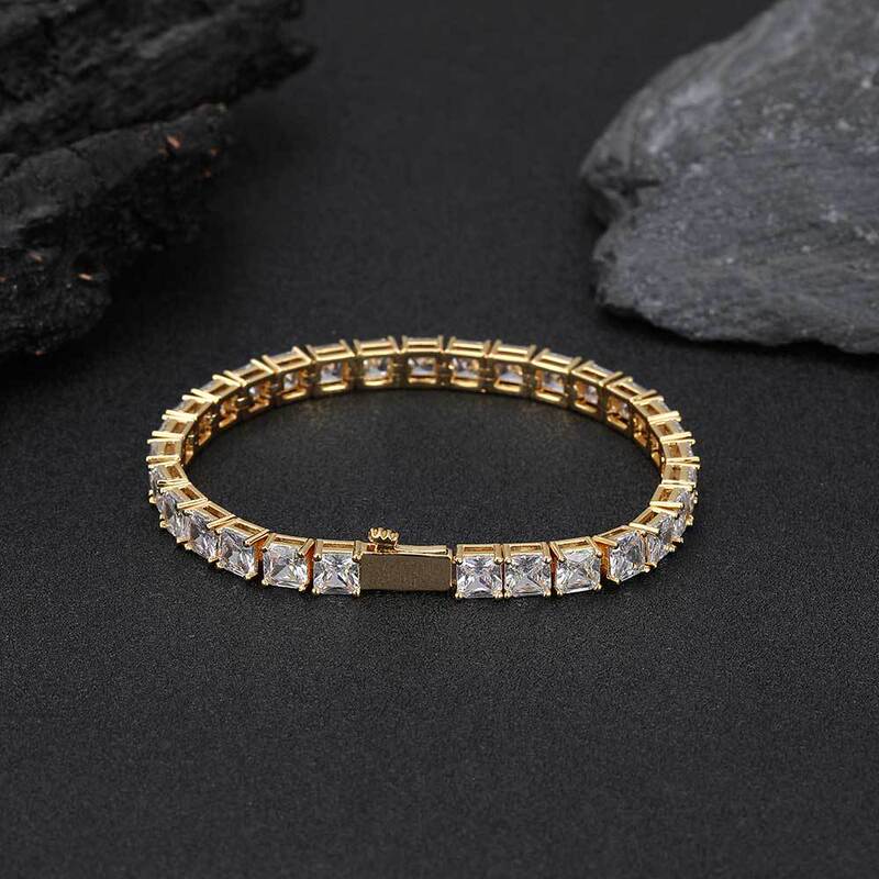 European and American Hip-Hop 5.5mm Spring Buckle Tennis Chain Square Zircon Bracelet Cross-Border Jewelry Accessories Men's Bracelet