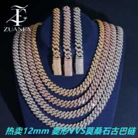 跨境独立站12mm古巴链S925银镶嵌莫桑石iced out嘻哈手链珠宝货源