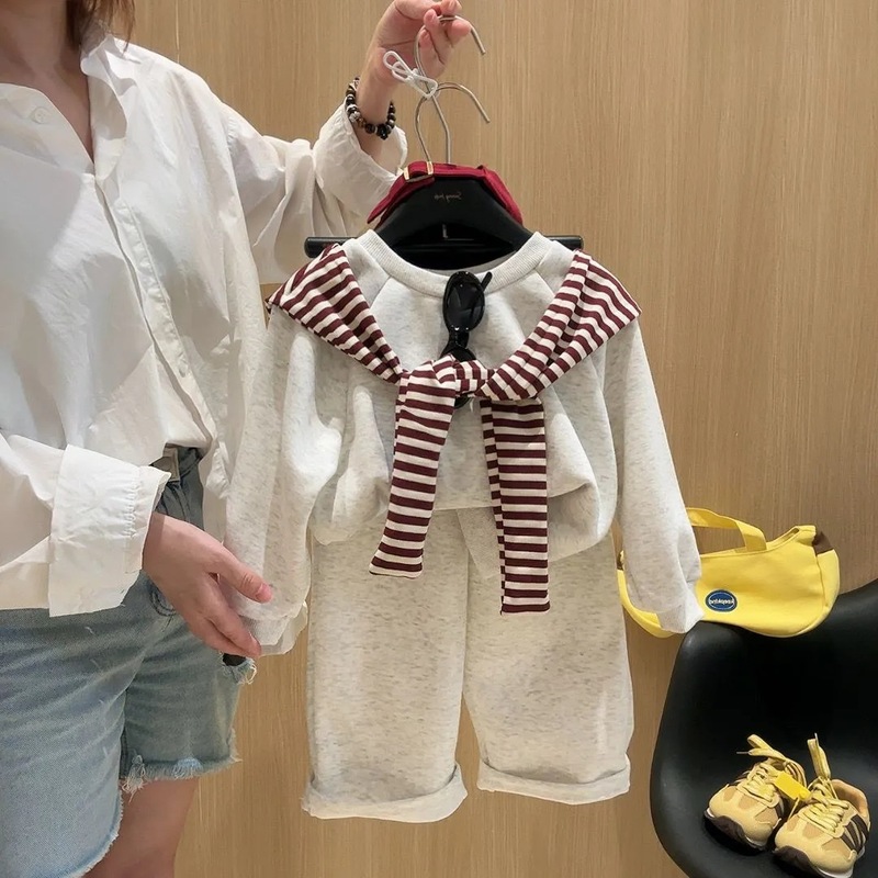 儿童春秋季新款男女童卫衣套装中大童百搭韩版时髦条纹披肩两件套|undefined
