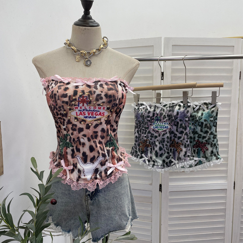 Real Shot of American-Style Spicy Girl Leopard Print Letter Print Color-Blocking Lace Bow Tube Top with Chest Pads 1580