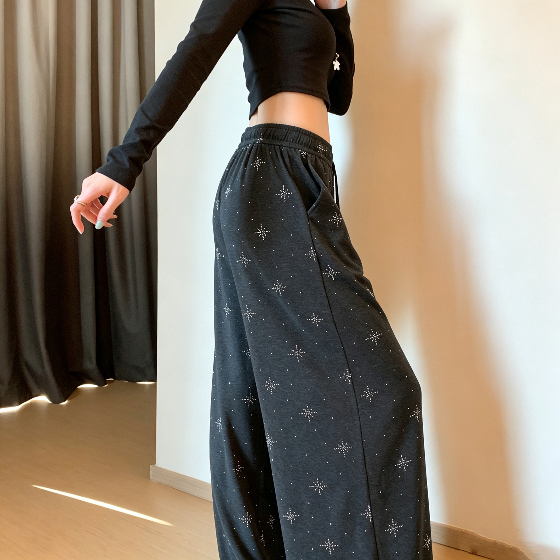 韩系松弛慵懒感灰色烫钻休闲裤女2026年宽松时尚百搭垂感阔腿裤子