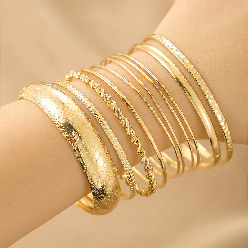 Ethnic style European and American new bracelet personality exaggerated bohemian feng shui corrugated glossy stacked bracelet 10-piece set