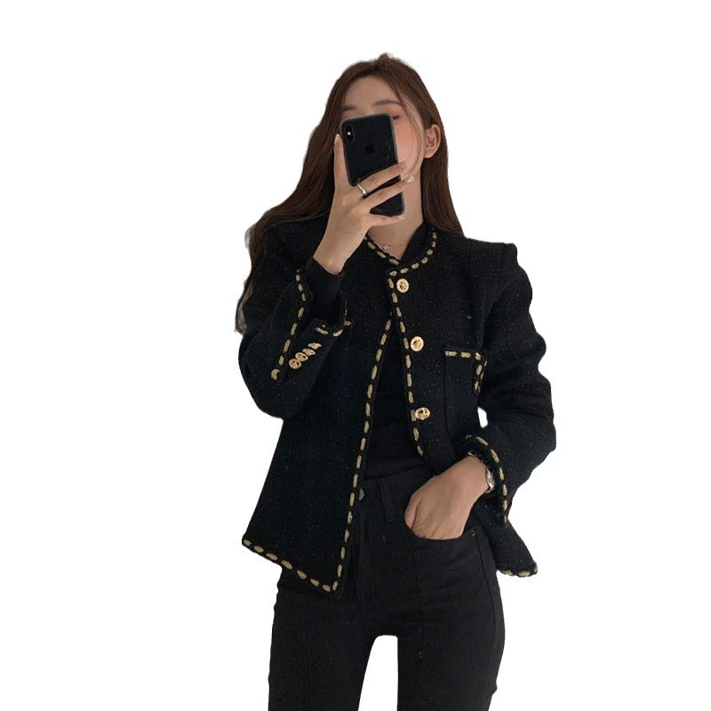Черная ретро-осенняя короткая куртка, стиль Chanel, 2023 год, для подростков