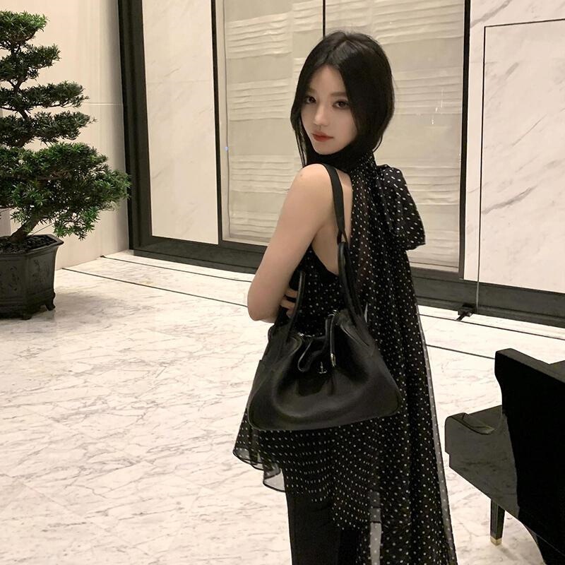 Dark Fragrant Shadow Black Lace-up Sleeveless Chiffon Shirt Women's French Style Loose Slim-fit Top