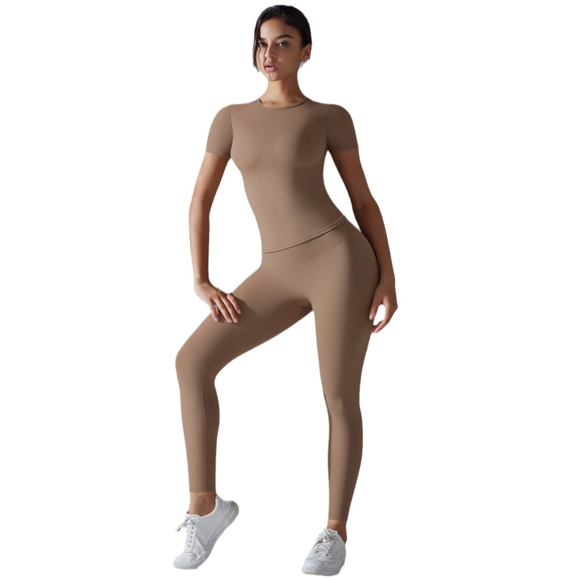 Nuevo color sólido de doble cara abrasiva ajustada alta elástica trajes de yoga transpirables para correr fitness trajes de yoga para mujeres image 5