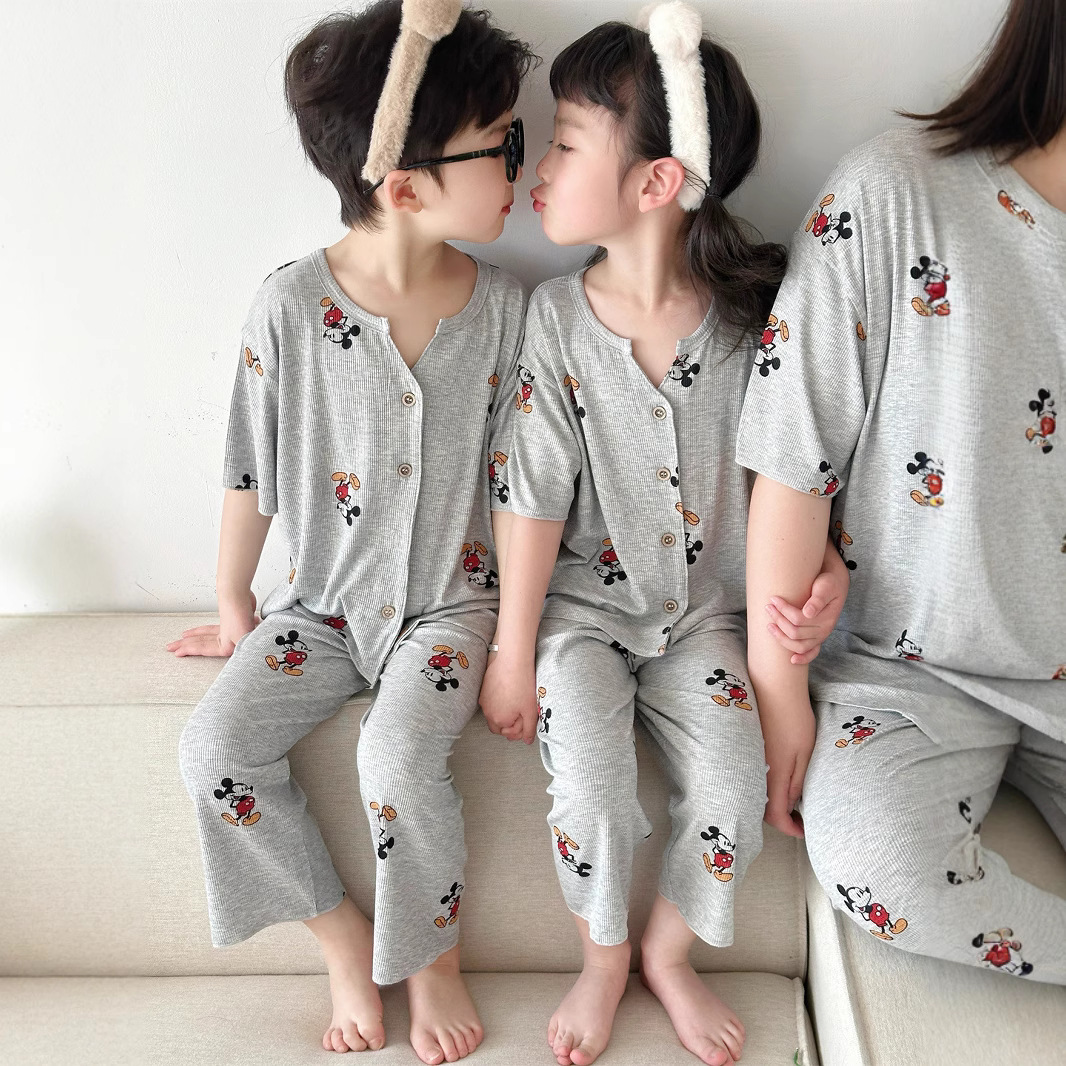 儿童夏季a类睡衣薄款短袖亲子男女童莫代尔家居服套装卡通图案