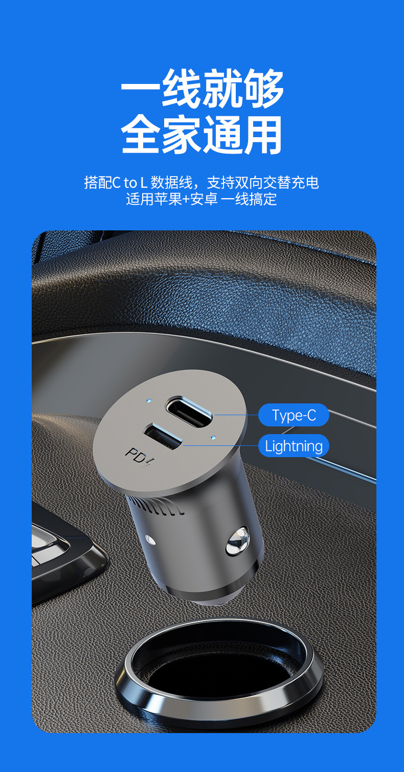 Car Cigarette Lighter Pd60W Super Fast Charging Dual Type-C Port Flash Charging Suitable for Huawei, Apple, and Android Phones
