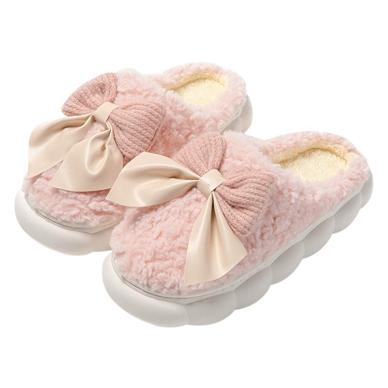 Хлопчатобумажные тапочки женские наружные носки бант тапочки теплые осенние и зимние дамы толстое дно нескользкие домашние плюшевые тапочки