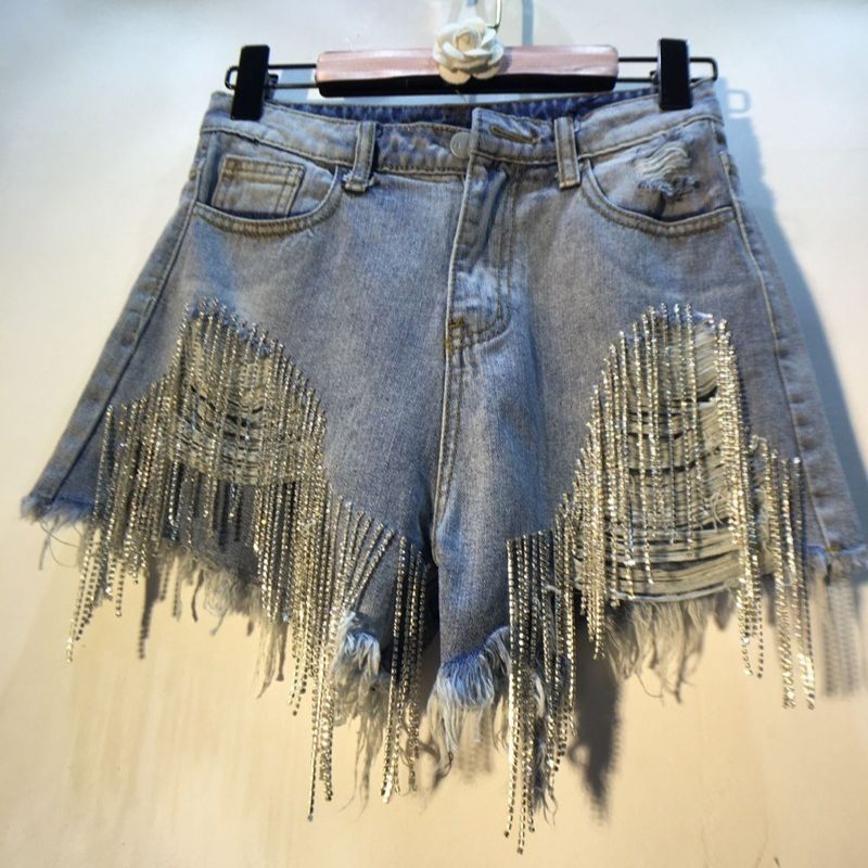 Women's Denim Shorts Summer New Breakthrough High Waist Rhinestone Tassel Chain Slim Fit Straight Barrel Shorts