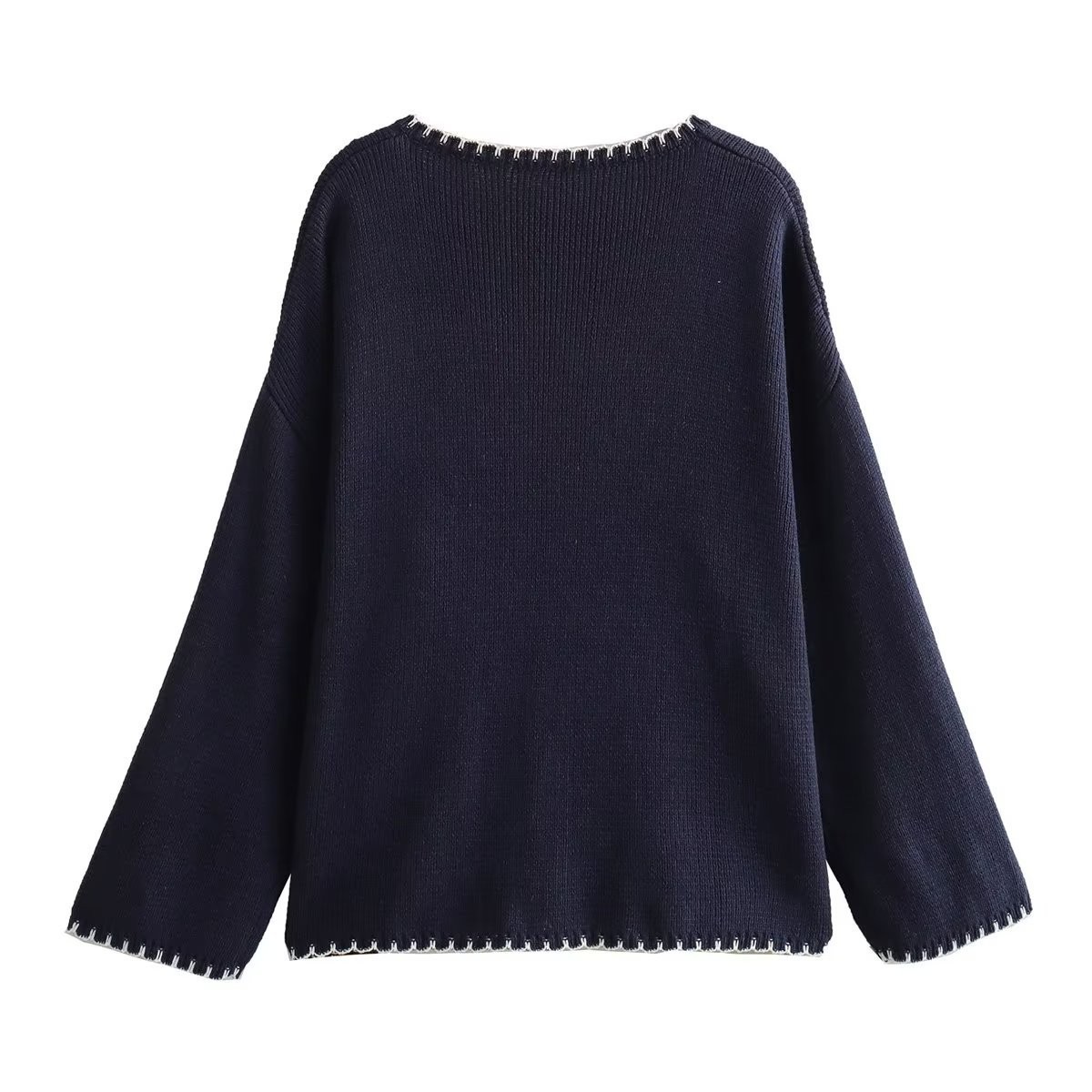 Women's 2023 autumn new item niche design V-neck decorative knitted sweater with stitching_voghion.com