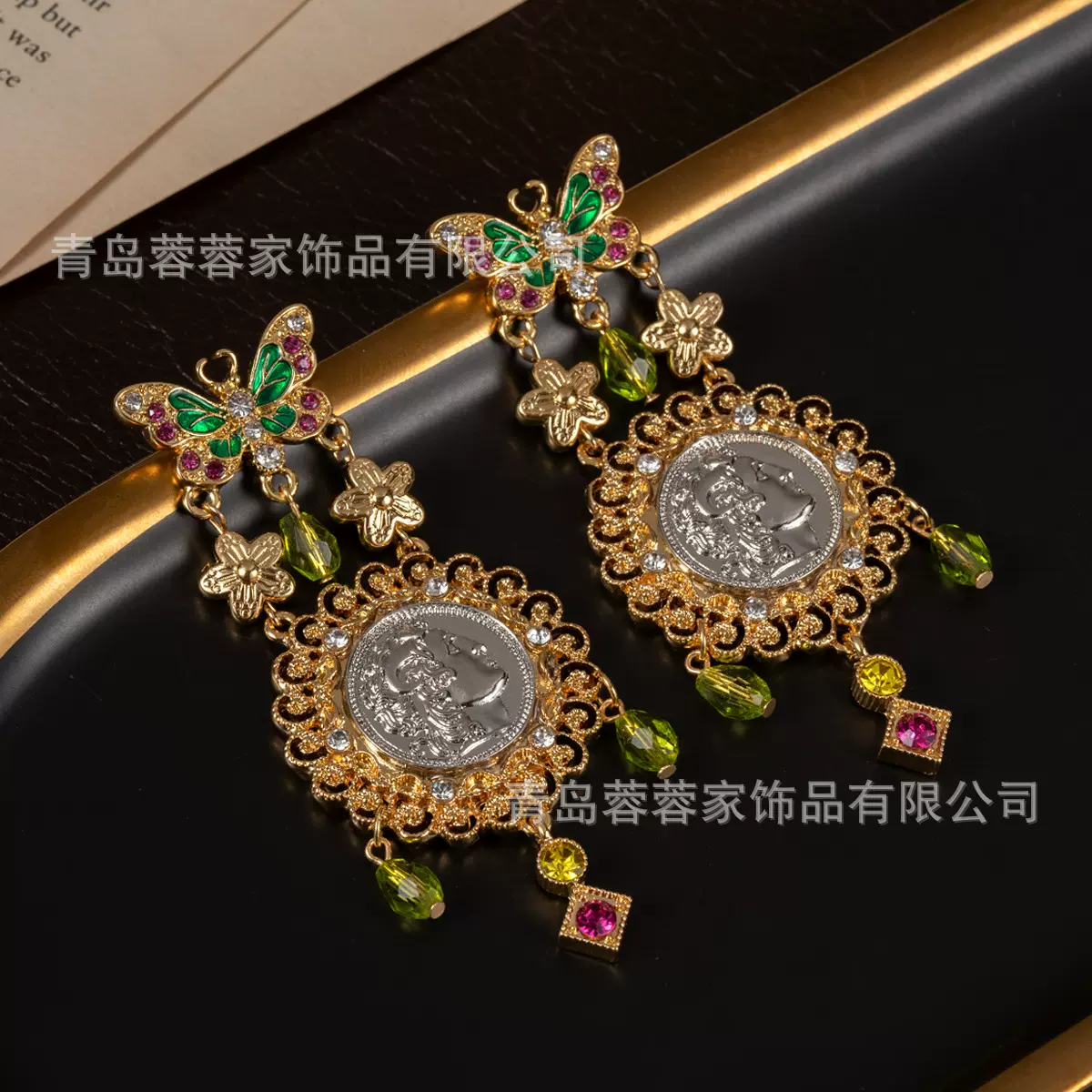 复古几何欧洲人像圆形金色古币vintage耳钉中古老钱风高级感耳饰