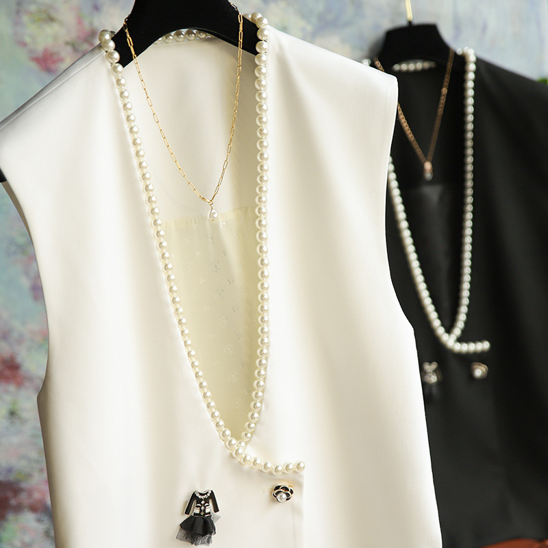 Spot fashionable style folding quite Tian style! Vest Women's Small Fragrant Pearl Jacket Vest Women's Spring and Autumn