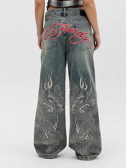 Cross-Border Foreign Trade Trendy Brand Ed Hardy American Retro Pattern Printed Washed Vintage Straight-Leg Jeans for Women Y2K Cross-Border Foreign Trade Trendy Brand Ed Hardy American Retro Pattern Printed Washed Vintage Straight-Leg Jeans for Women Y2K