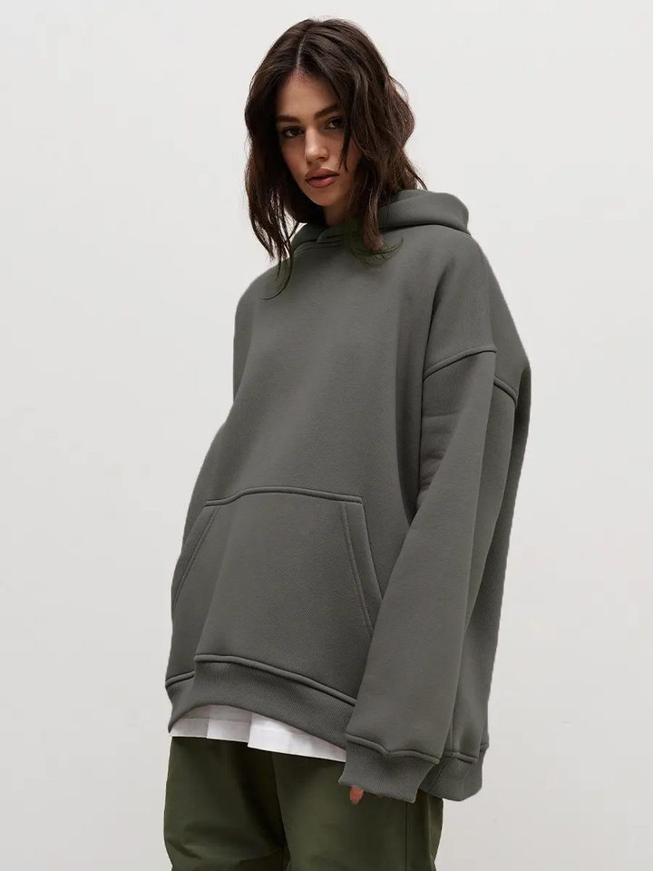 Áo hoodie nỉ lông dáng rộng có mũ và túi, tay dài, dáng unisex — Màu cà phê, Màu hồng, Màu xám, Màu đen chi tiết 66