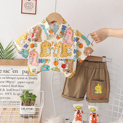 Boys summer style short-sleeved suit new fashion full-print cartoon shirt children's dinosaur shirt two-piece set