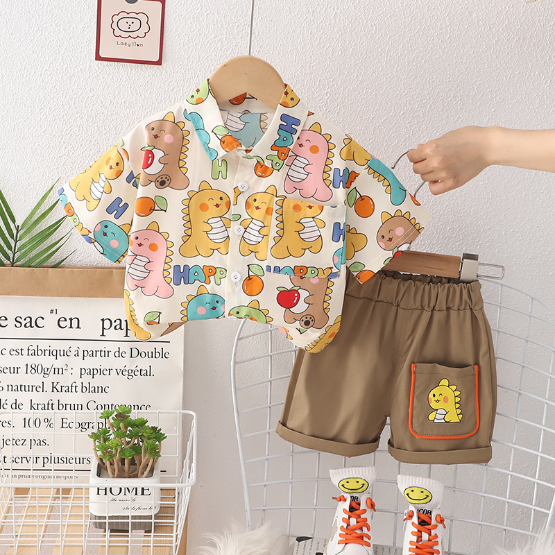 Boys Summer Stylish Short-sleeved Suit Year New Fashion Full Print Cartoon Shirt Children's Dinosaur Shirt Two-piece Set