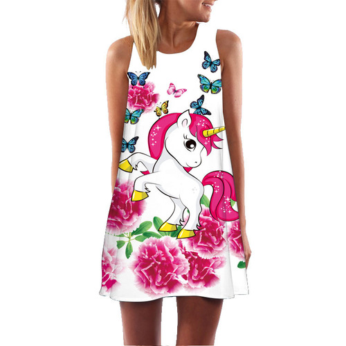 Summer and Autumn European and American Women's 3D Printed Sleeveless Dress Plus Size Sexy A-Line Skirt