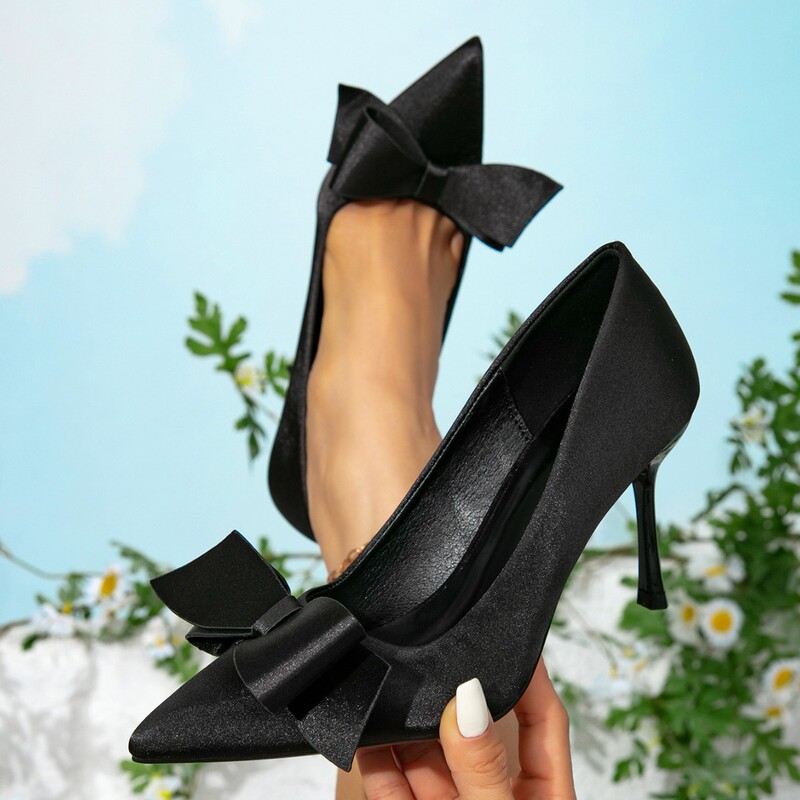 Women's Black Satin Pointed-Toe Shallow High-Heeled Shoes—Thin-Heeled Shoes with Bow Decoration on the Front, Suitable for Formal Workplace Settings Women's Black Satin Pointed-Toe Shallow High-Heeled Shoes—Thin-Heeled Shoes with Bow Decoration on the Front, Suitable for Formal Workplace Settings