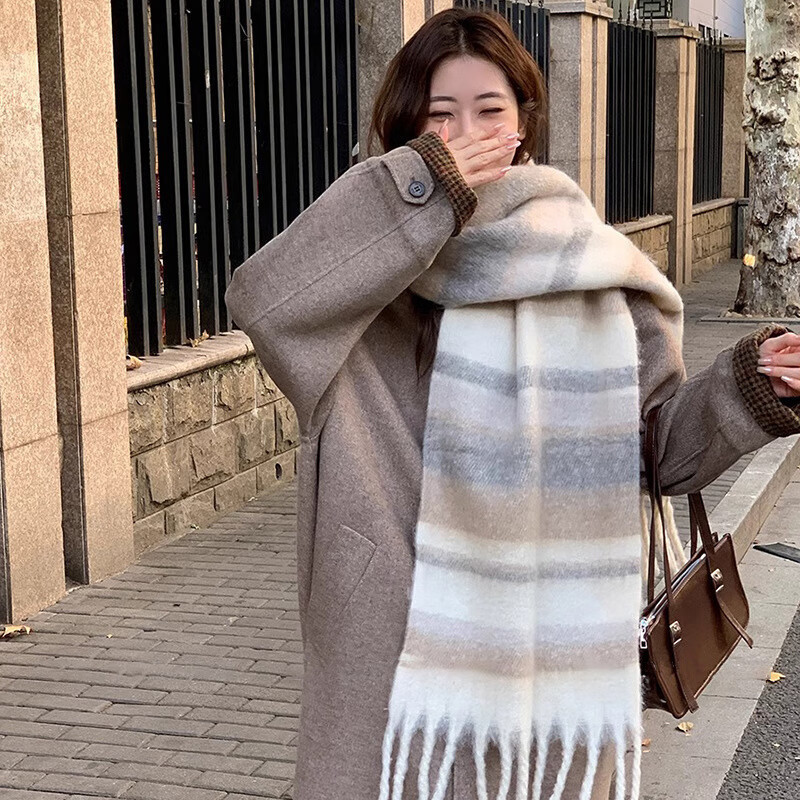 围巾女冬季高级感彩色围巾毛毛流苏大披肩保暖百搭氛围感条纹围脖|undefined