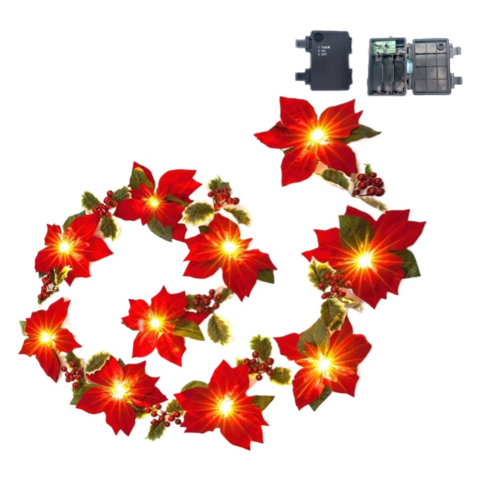 Navidad flor roja poinsettia Cadena de luz imitación terciopelo flor Amazon Garland decoración impermeable caja de batería