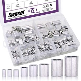 Swpeet 320 pieces of 8 sizes aluminum compression ring sleeve cable ferrule combination kit suitable for wire rope