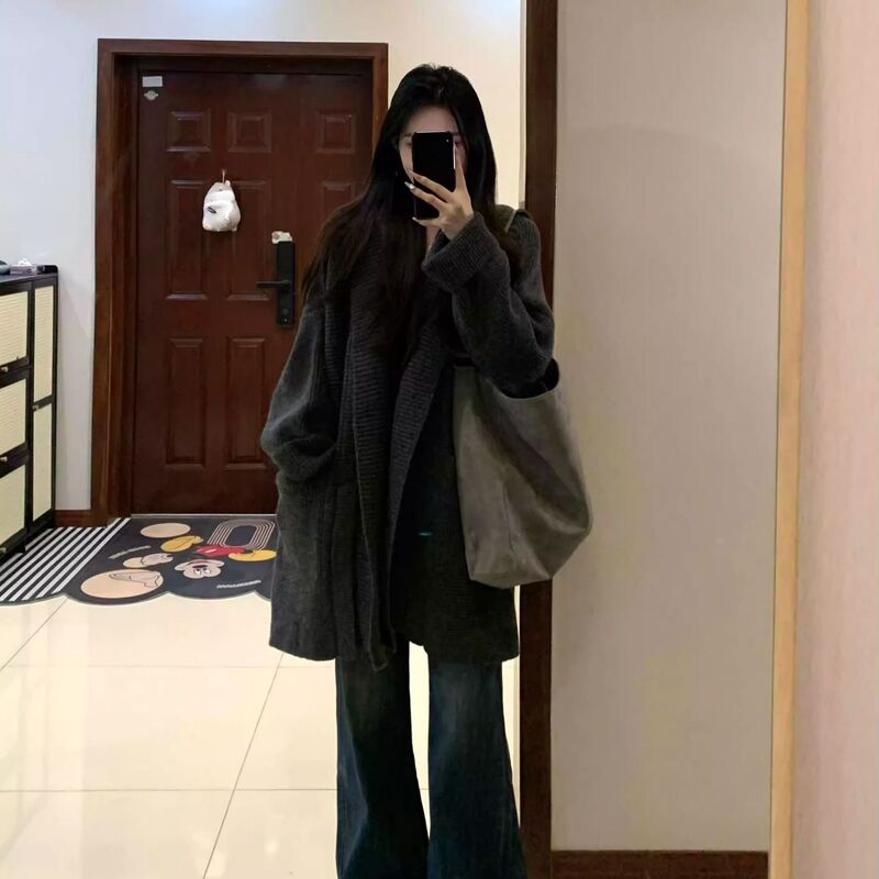 慵懒风宽松休闲针织开衫女秋冬加厚保暖气质百搭中长款毛衣外套|undefined