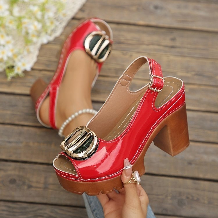 Chunky heel thick-soled wedge sandals, large size, square buckle, summer foreign trade buckle, new 2026 fish mouth sandals, women's fashion shoes