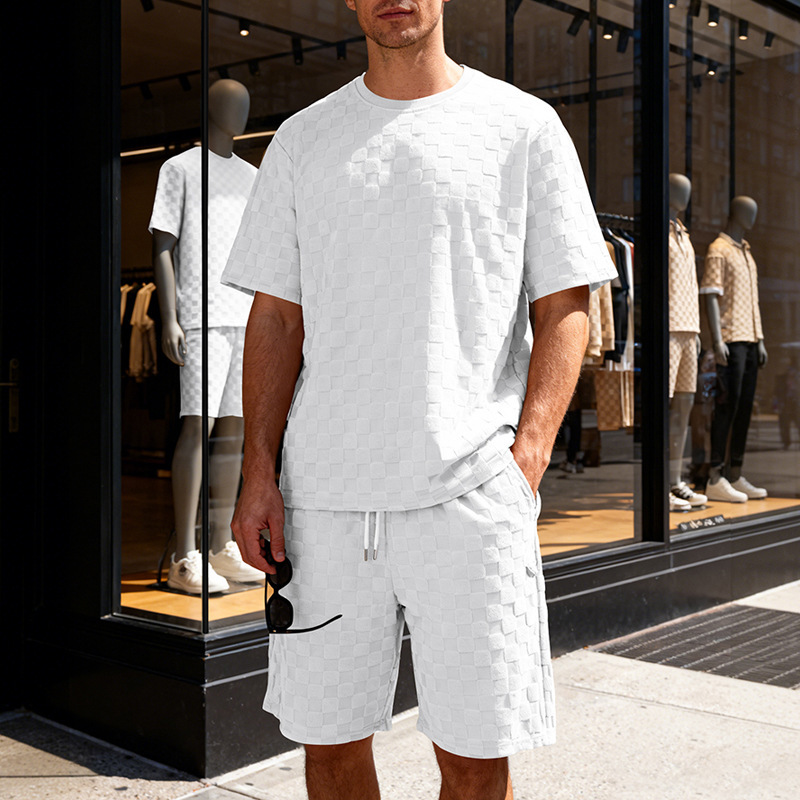 Muscle Doctor Men's Summer Jacquard Checkered Short Sleeve T-Shirt & Shorts Set, Loose Fit High Street Casual Outfit_viptrois.com