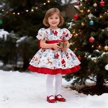 2025年新款跨境儿童礼服圣诞节麋鹿装扮印花泡泡袖公主裙大蝴蝶结