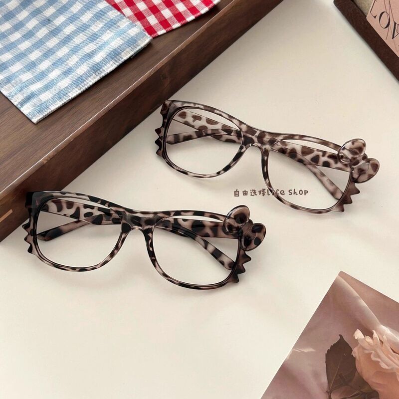 Kitty Leopard Print Glasses Frame No Lenses Cute Plain Decorative Frame Ins Vintage Y2k Tortoise Round Glasses