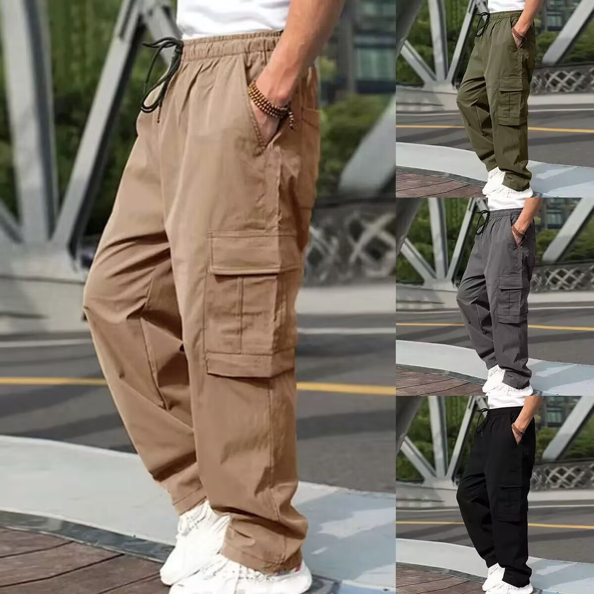 2025 Amazon New Men's Cargo Pants European and American Men's Loose Straight Casual Long Pants Men's Cargo Pocket Pants