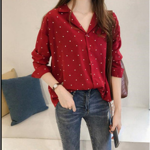 Women's New Hong Kong Style Polka Dot Printed Chiffon Shirt Women's Long-Sleeved Tops Korean Style Shirt