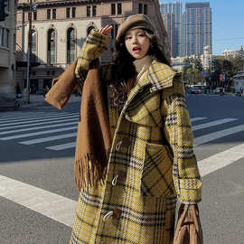 黄色格子牛角扣呢大衣女冬季2025新款夹棉加厚毛呢外套高级感爆款