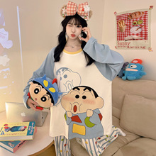 可爱蜡笔小新纯棉睡衣女春秋套头长袖大码胖mm200斤家居服套装