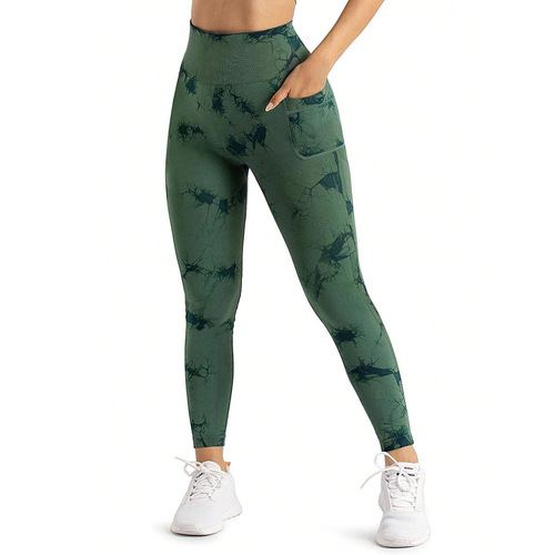 Cross-border new tie-dye side pocket yoga pants long-length bare feel running sports fitness leggings butt-lifting yoga pants for women