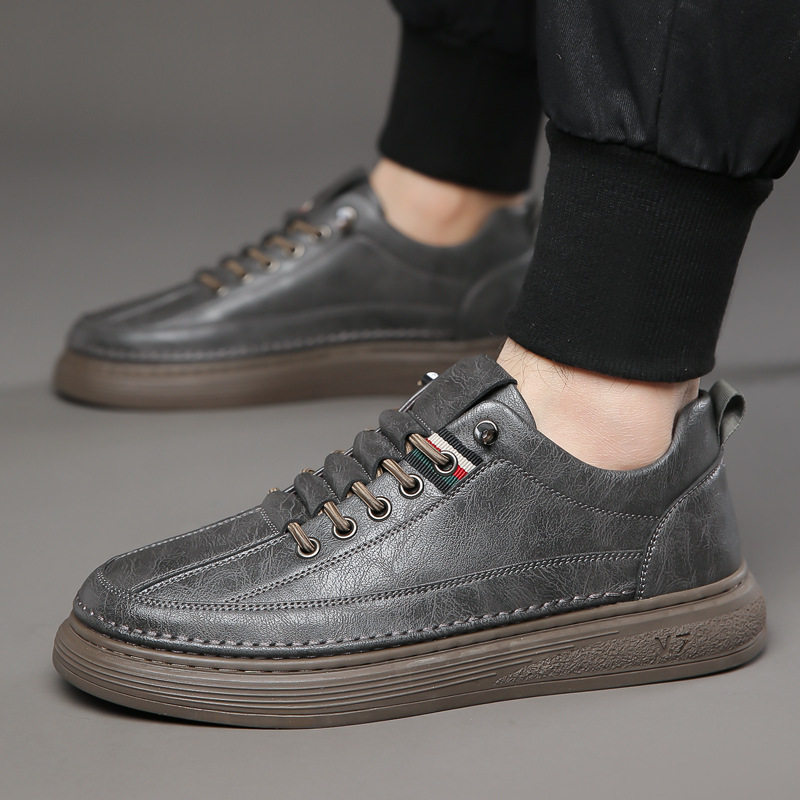 Giày sneaker nam da bò thật phối da, đế bằng mềm, cổ thấp, dây thun co giãn — GX2036 kaki, GX2036 màu trắng, GX2036 màu xám