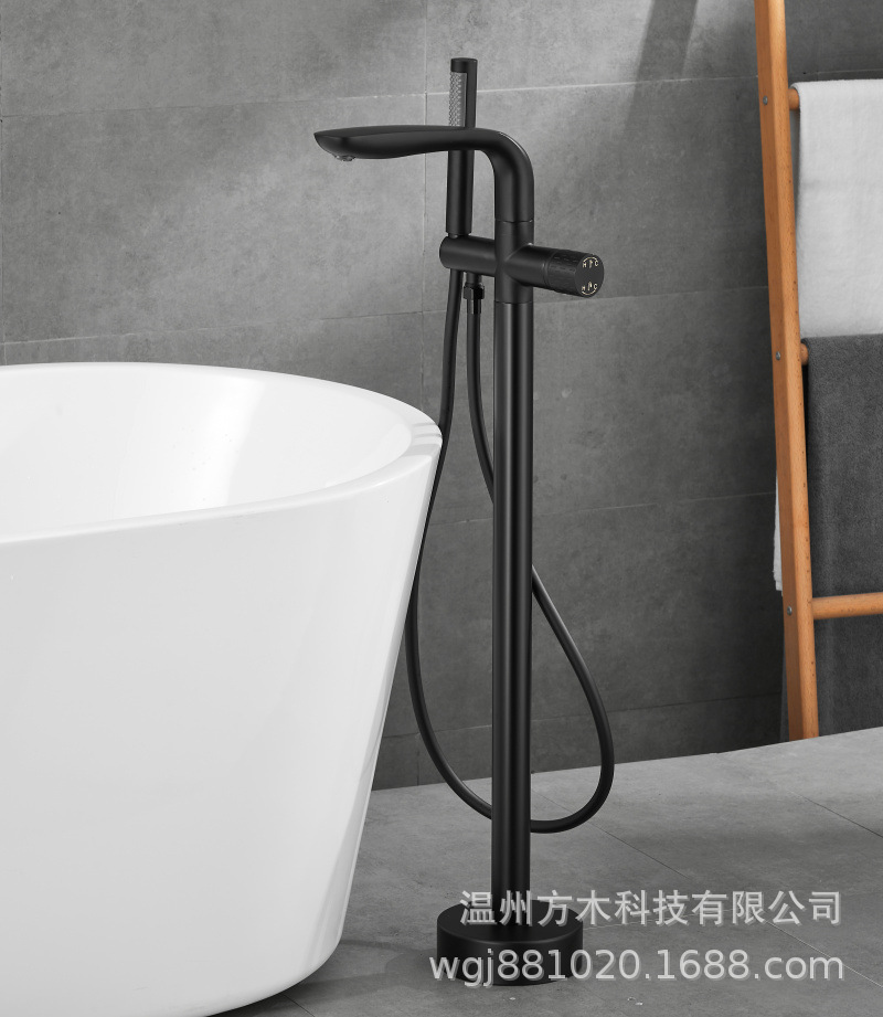 Black chrome-plated brushed gold gun gray floor-standing single-handle double-control ceramic valve core hot and cold water faucet, wooden bucket bathtub, showerhead undefined
