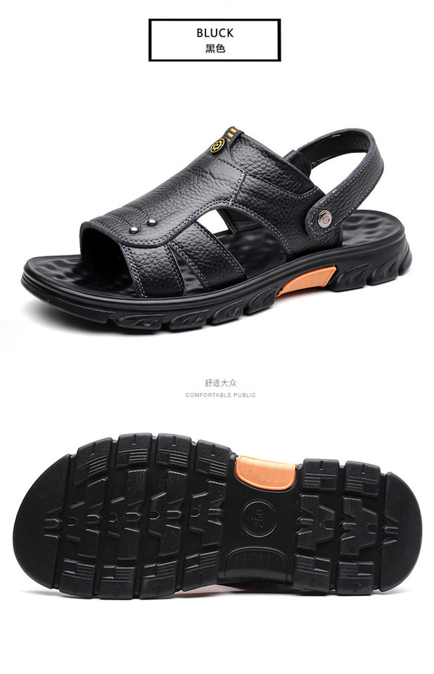 Dép sandal nam da thật hở ngón, quai ngang co giãn, chống trượt thoáng khí, kiểu lê đa năng — Vàng nâu, màu đen chi tiết 20