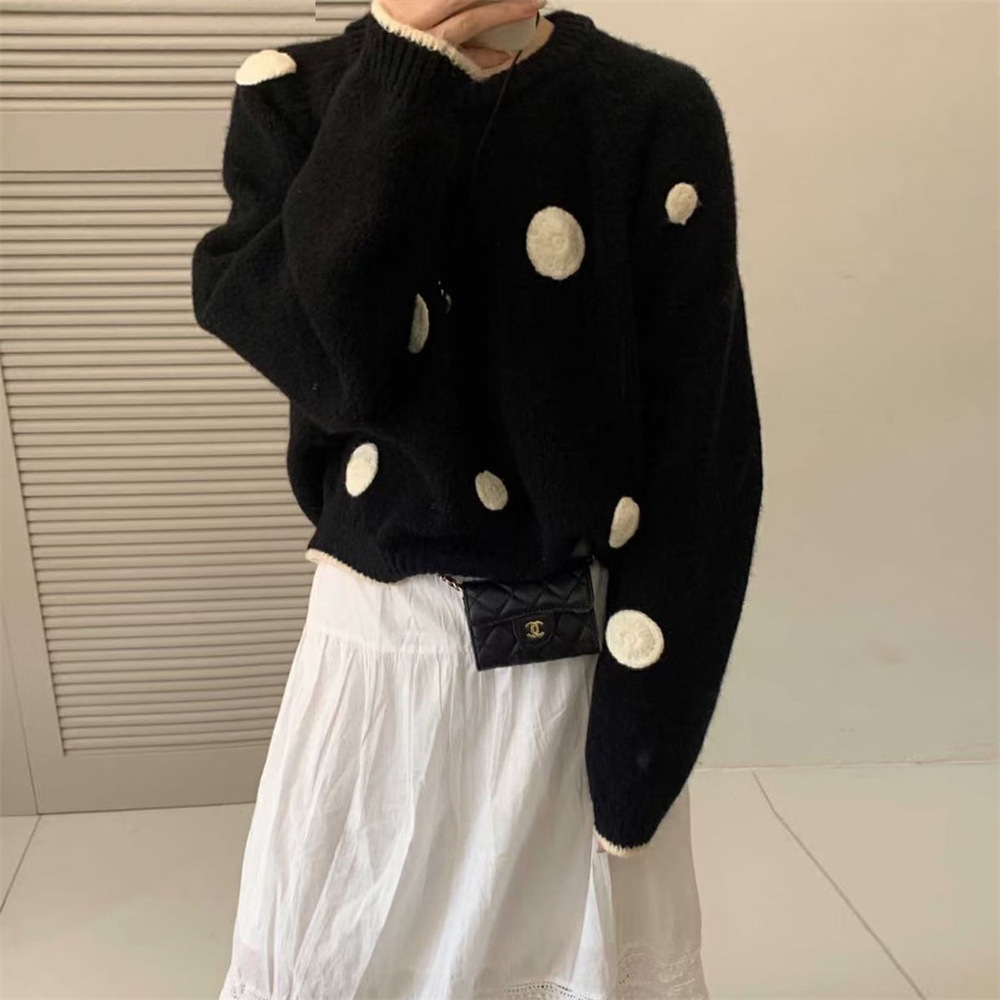 (2개) 한국 스타일 3 차원 폴카 도트 라운드 넥 스웨터 여성의 가을 및 겨울 새로운 도착 느슨한 짧은 풀오버 스웨터 탑