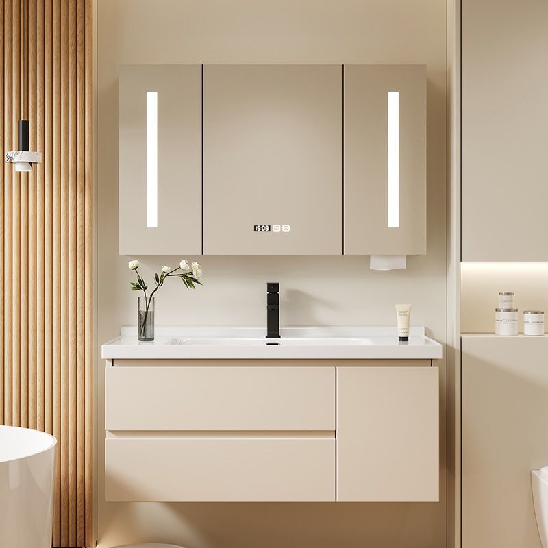 Solid Wood Ceramic Integrated Smart Bathroom Cabinet Simple Combination Bathroom Hand Wash Basin Cream
