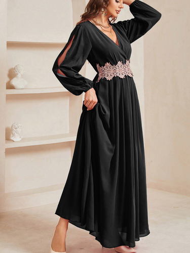 New European and American Long Dress for Evening Events—V-Neck Dress for Women, Waist-Slimming, Slimming, Elegant, and Graceful Evening Gown