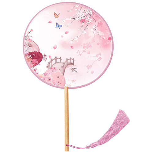 Hand fan, ancient style, children's summer, Chinese style, semi-transparent, long handle, dance fan, for girls, ancient costume, Hanfu and cheongsam, small round fan