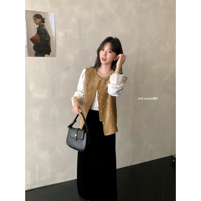 MSTUDIO漫莎-半盏山茶新中式国风撞色刺绣微闪丝绒马甲马甲c6137|undefined