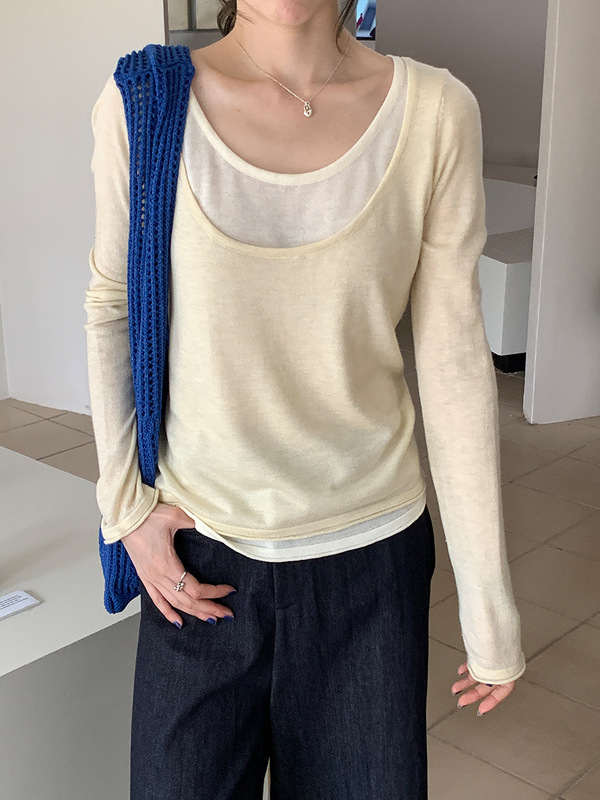 撞色假两件长袖针织衫女秋季广州十三行新款韩系慵懒休闲t恤上衣|undefined