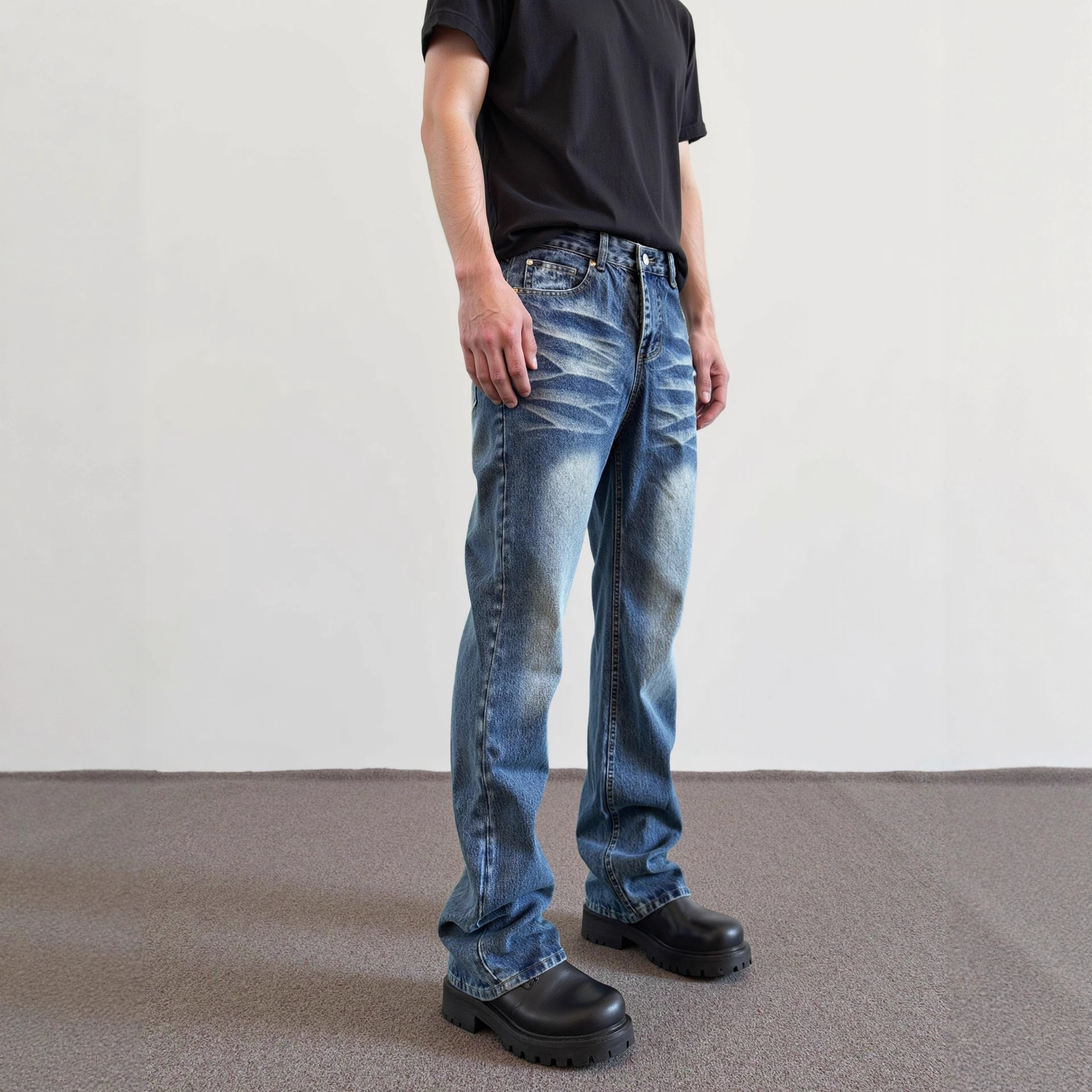 KZD男装|宽松直筒蓝牛压皱水波纹猫须13oz百搭休闲阔腿牛仔长裤