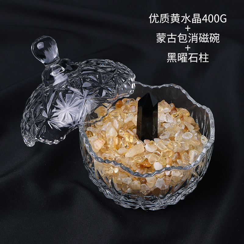 고급 황수정 400g + 흑요석 기둥 + 탈자 그릇(안개꽃)