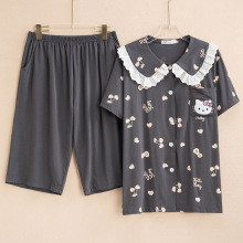 蝴蝶结翻领针织棉大码睡衣女胖MM200斤短袖七分裤春夏家居服套装